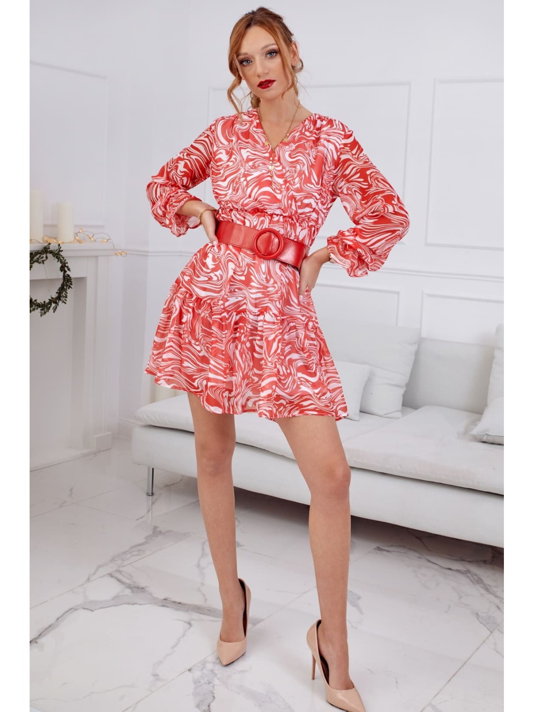 Red chiffon dress with a wide belt FG636 - Online store - Boutique